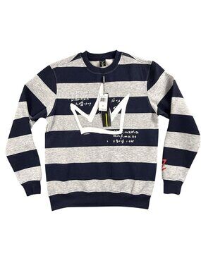 Screenshot Sweatshirt Mens Small Gray Navy Stripe Crown Graphic Pullover Fleece
